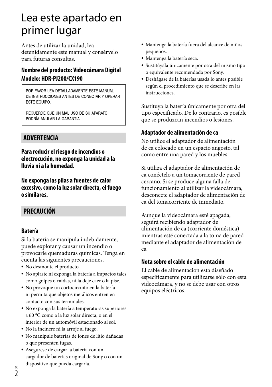 Lea este apartado en primer lugar, Advertencia, Precaución | Sony HDR-CX190 User Manual | Page 80 / 155