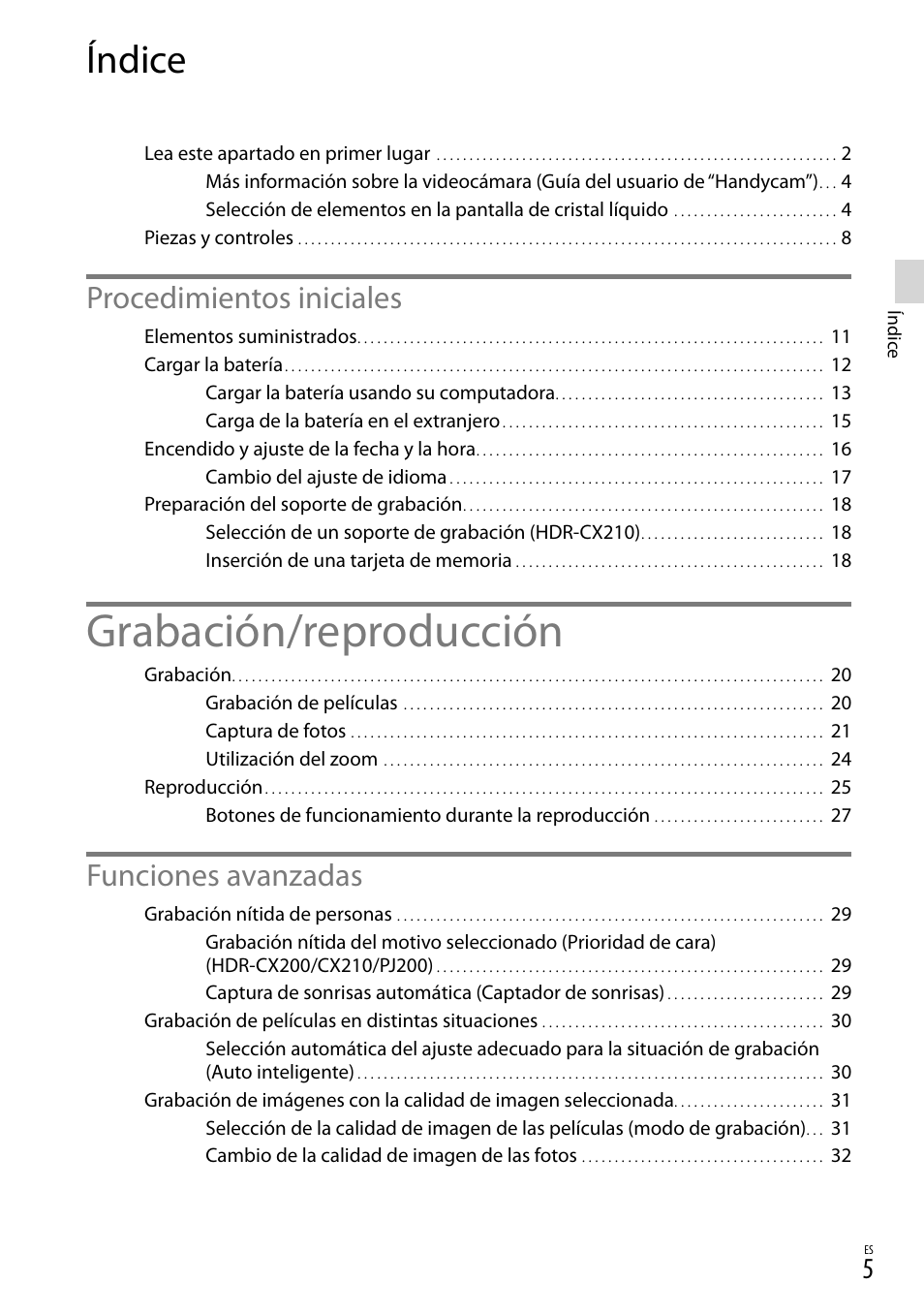 Índice, Grabación/reproducción, Procedimientos iniciales | Funciones avanzadas | Sony HDR-CX190 User Manual | Page 83 / 155