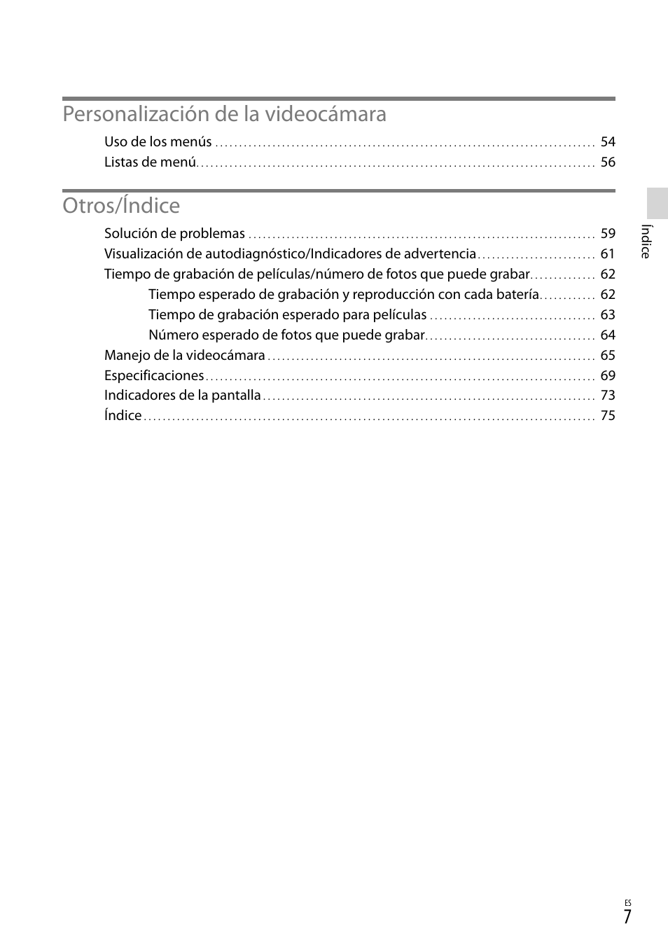 Personalización de la videocámara, Otros/índice | Sony HDR-CX190 User Manual | Page 85 / 155