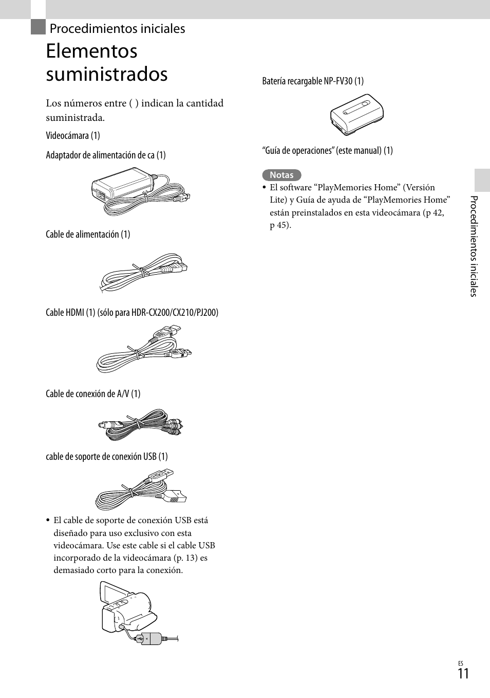 Procedimientos iniciales, Elementos suministrados | Sony HDR-CX190 User Manual | Page 89 / 155