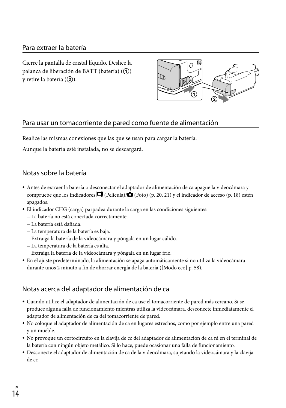 Para extraer la batería, Notas sobre la batería, Notas acerca del adaptador de alimentación de ca | Sony HDR-CX190 User Manual | Page 92 / 155