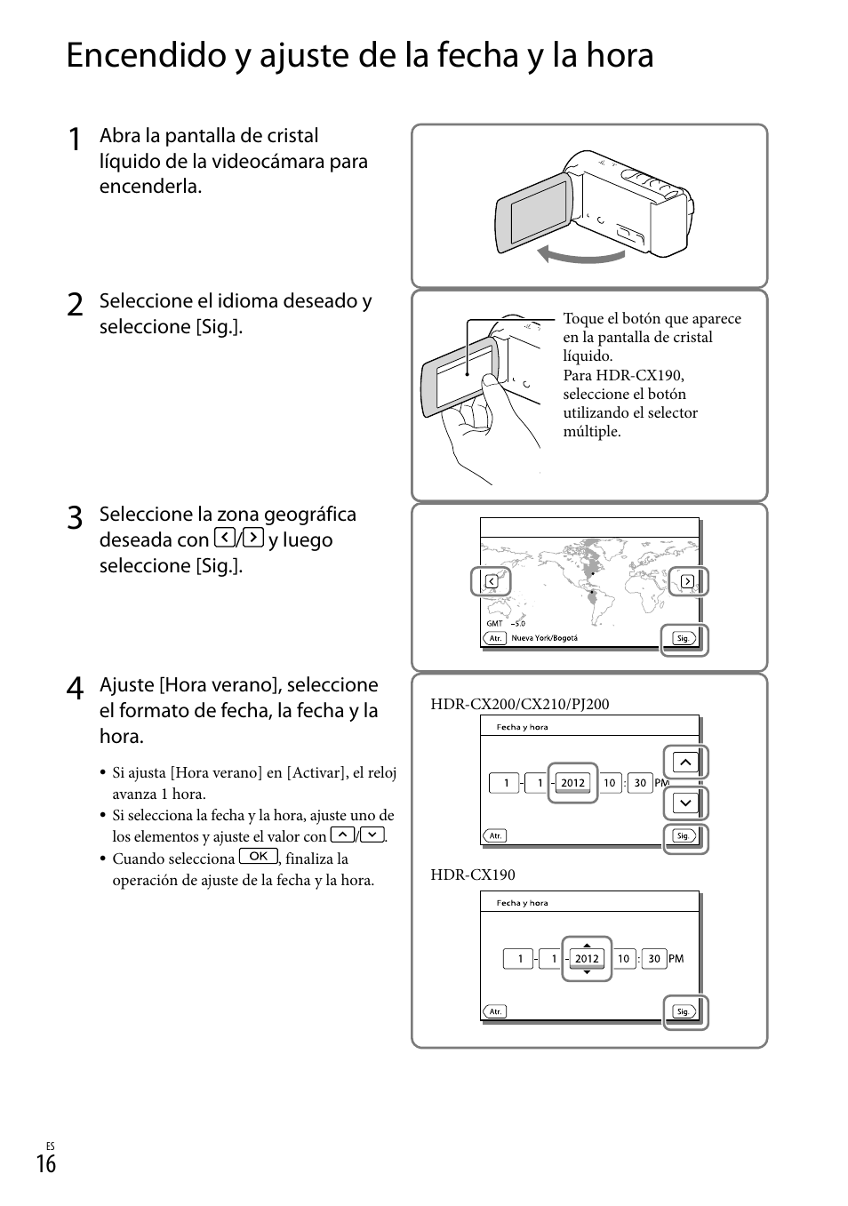 Encendido y ajuste de la fecha y la hora, J200) (16, 17) | Sony HDR-CX190 User Manual | Page 94 / 155