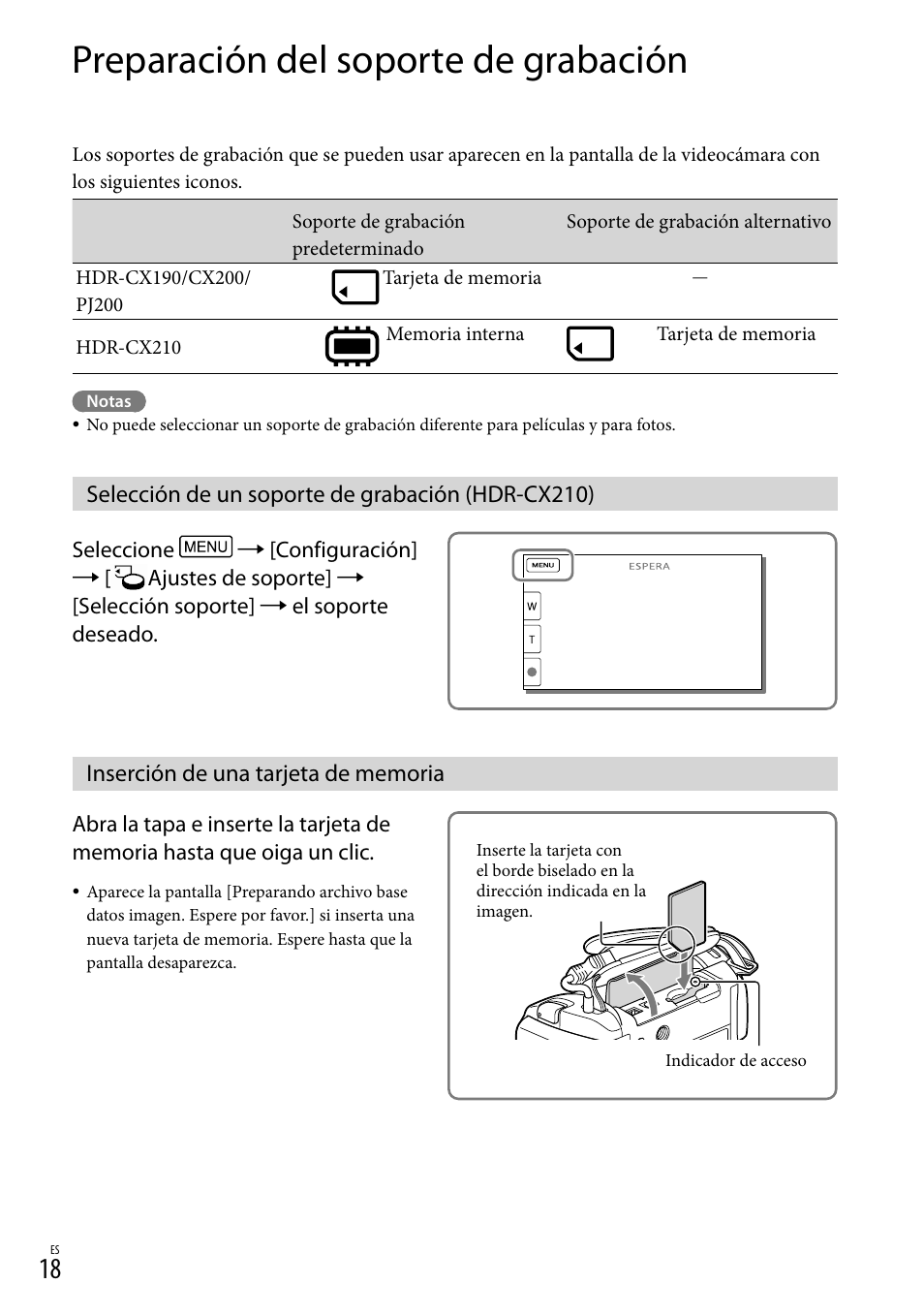 Preparación del soporte de grabación, Selección de un soporte de grabación (hdr-cx210), Inserción de una tarjeta de memoria | 18) es, Ia (18) | Sony HDR-CX190 User Manual | Page 96 / 155