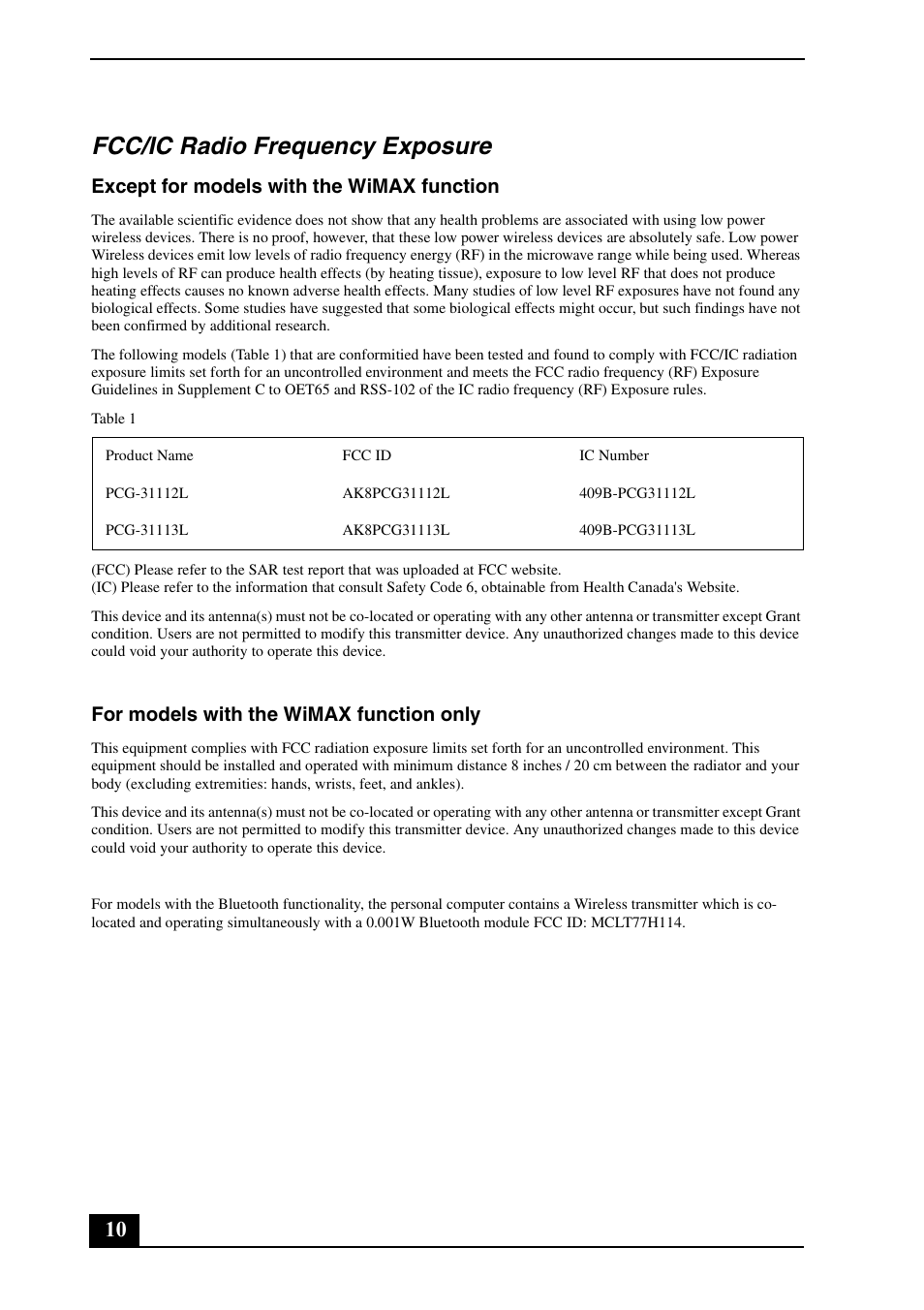 Fcc/ic radio frequency exposure, Except for models with the wimax function, For models with the wimax function only | Sony VPCZ13JGX User Manual | Page 10 / 32