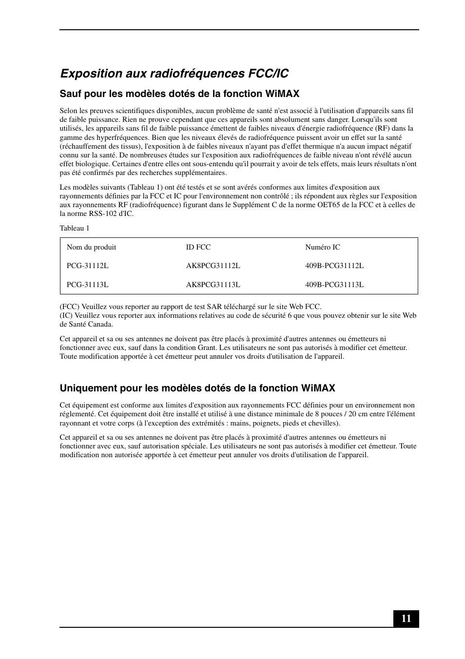 Exposition aux radiofréquences fcc/ic, Sauf pour les modèles dotés de la fonction wimax | Sony VPCZ13JGX User Manual | Page 11 / 32