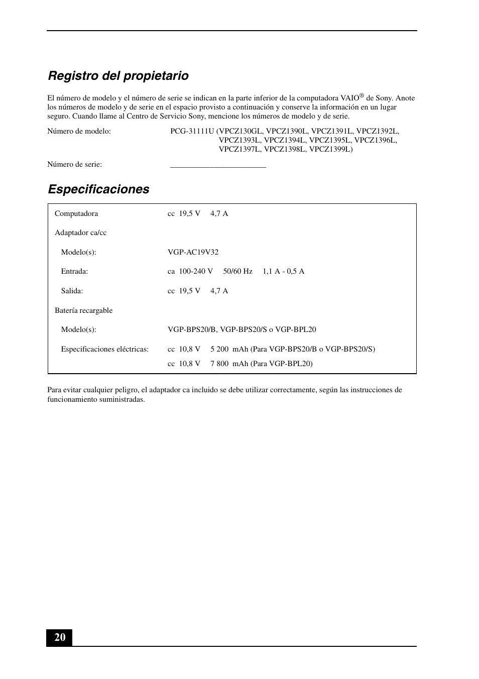 Registro del propietario, Especificaciones | Sony VPCZ13JGX User Manual | Page 20 / 32