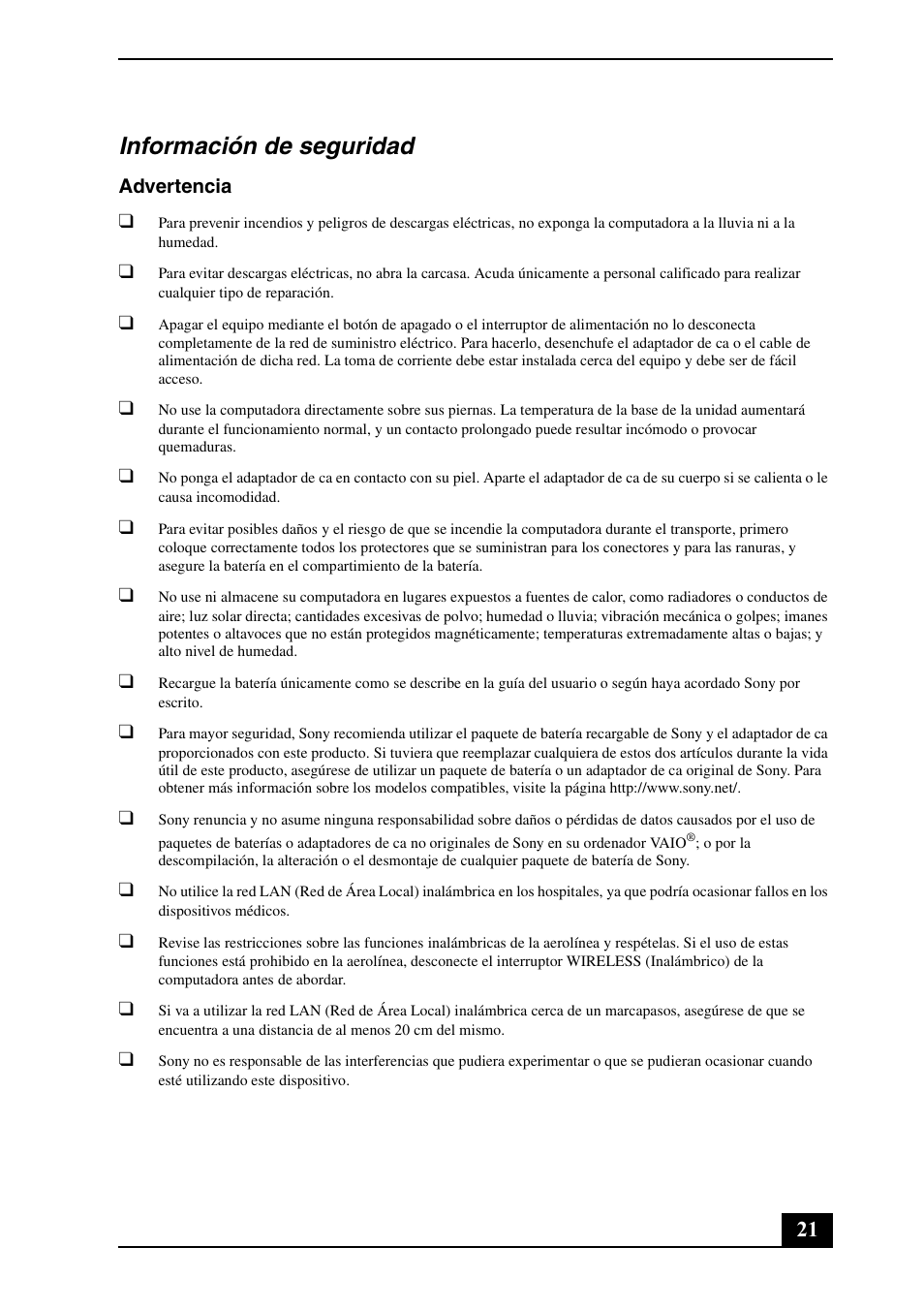 Información de seguridad | Sony VPCZ13JGX User Manual | Page 21 / 32