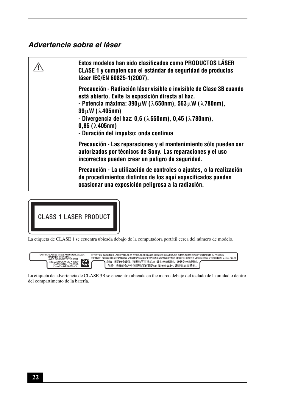 Advertencia sobre el láser | Sony VPCZ13JGX User Manual | Page 22 / 32