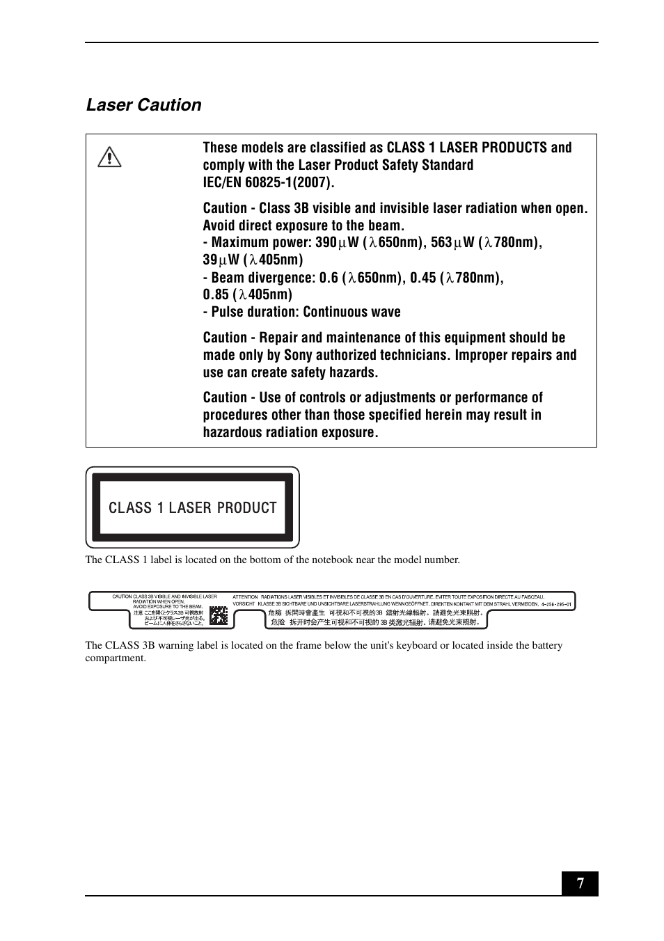 Laser caution | Sony VPCZ13JGX User Manual | Page 7 / 32