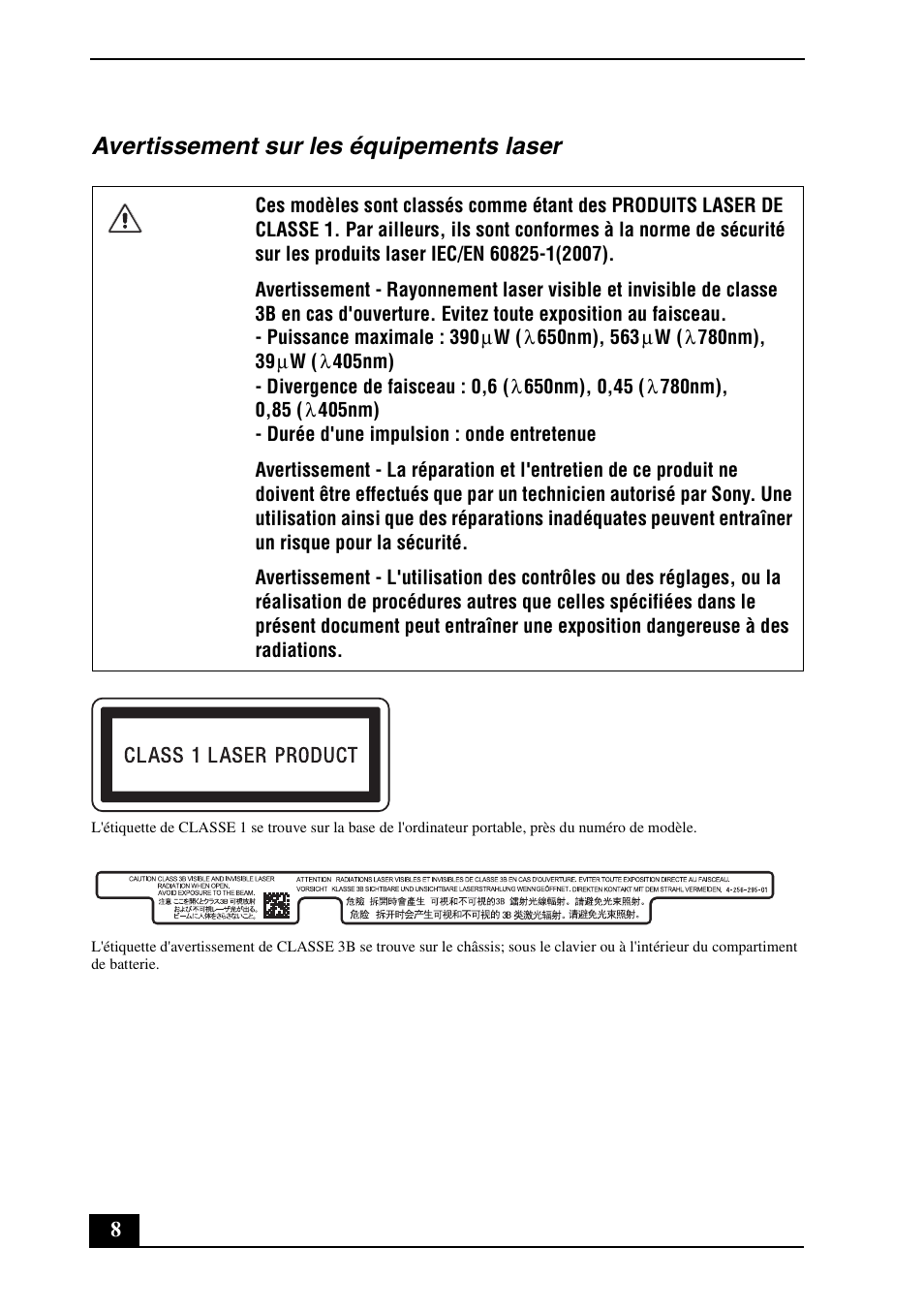 Avertissement sur les équipements laser | Sony VPCZ13JGX User Manual | Page 8 / 32