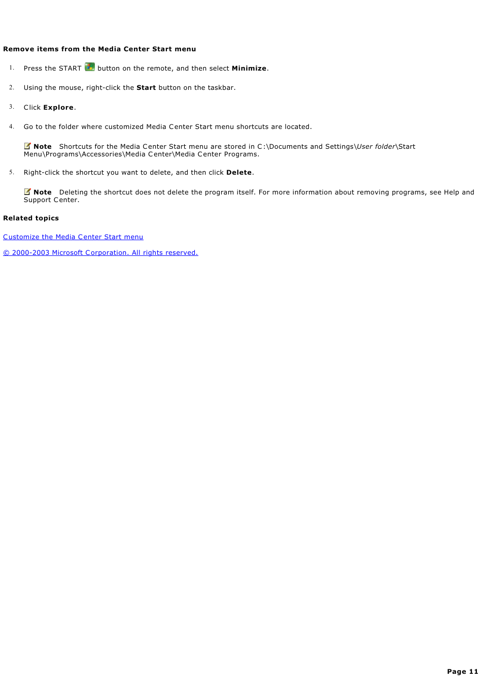 Remove items from the media center start menu, Remove items from the media c enter start menu | Sony PCV-RZ49G User Manual | Page 11 / 459