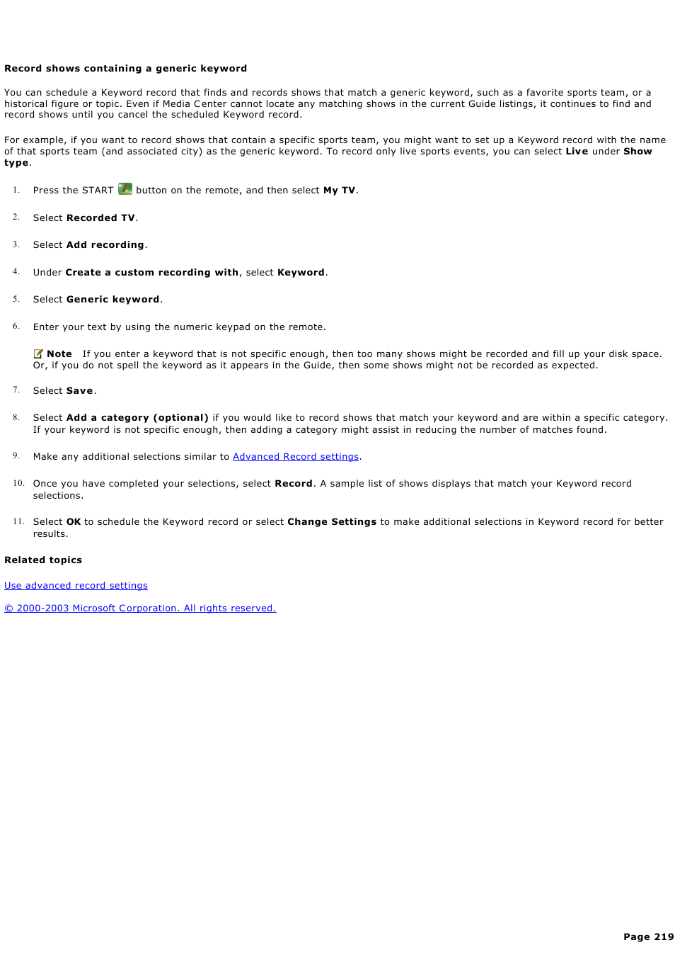 Record shows containing a generic keyword | Sony PCV-RZ49G User Manual | Page 219 / 459