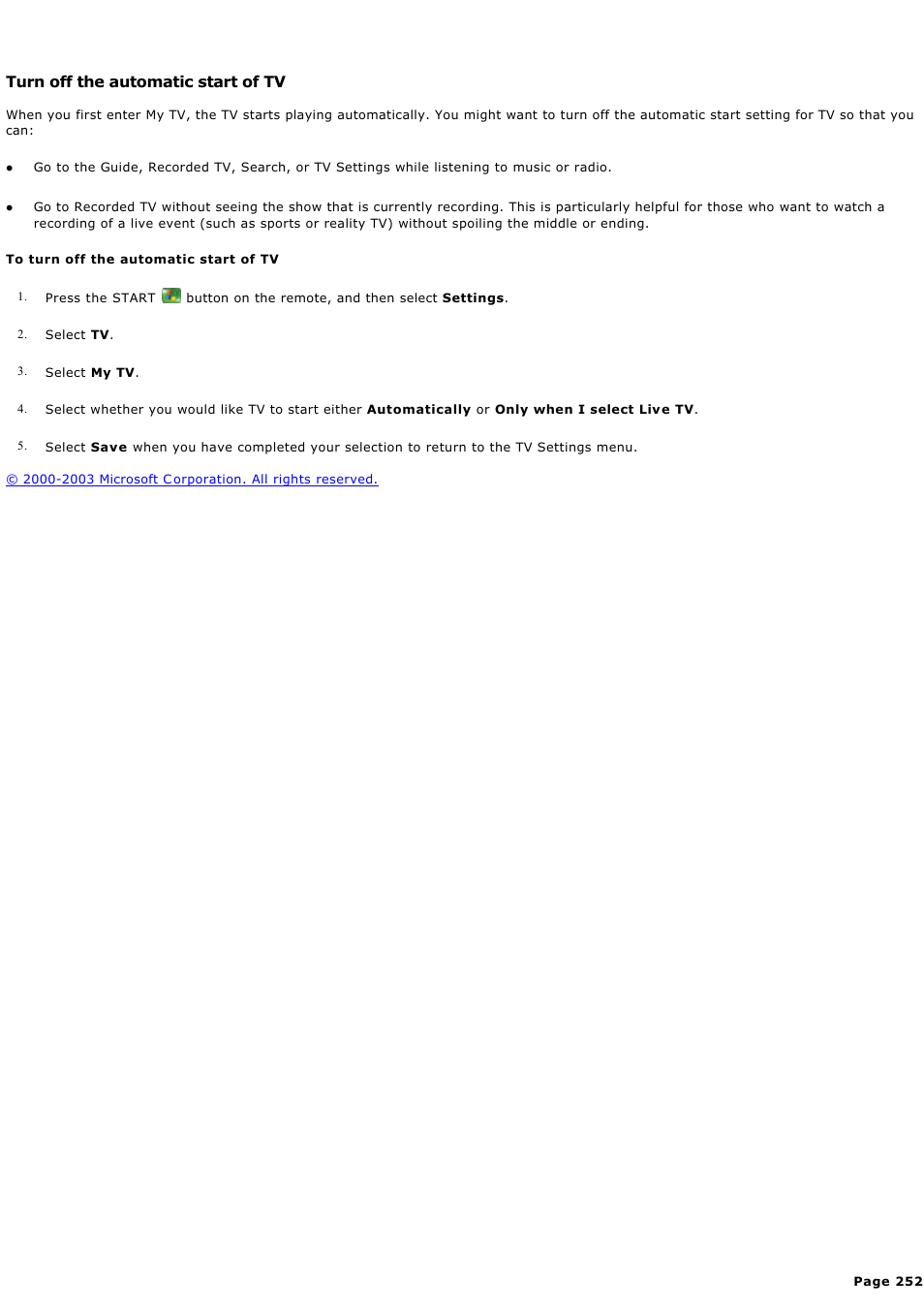 Turn off the automatic start of tv | Sony PCV-RZ49G User Manual | Page 252 / 459