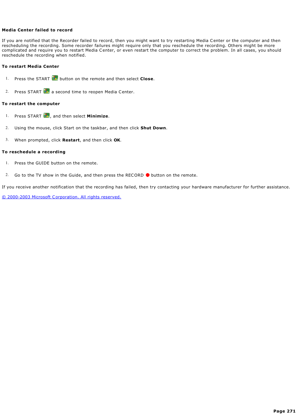 Media center failed to record, Media c enter failed to record | Sony PCV-RZ49G User Manual | Page 271 / 459