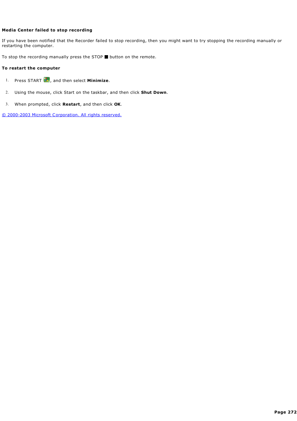 Media center failed to stop recording, Media c enter failed to stop recording | Sony PCV-RZ49G User Manual | Page 272 / 459