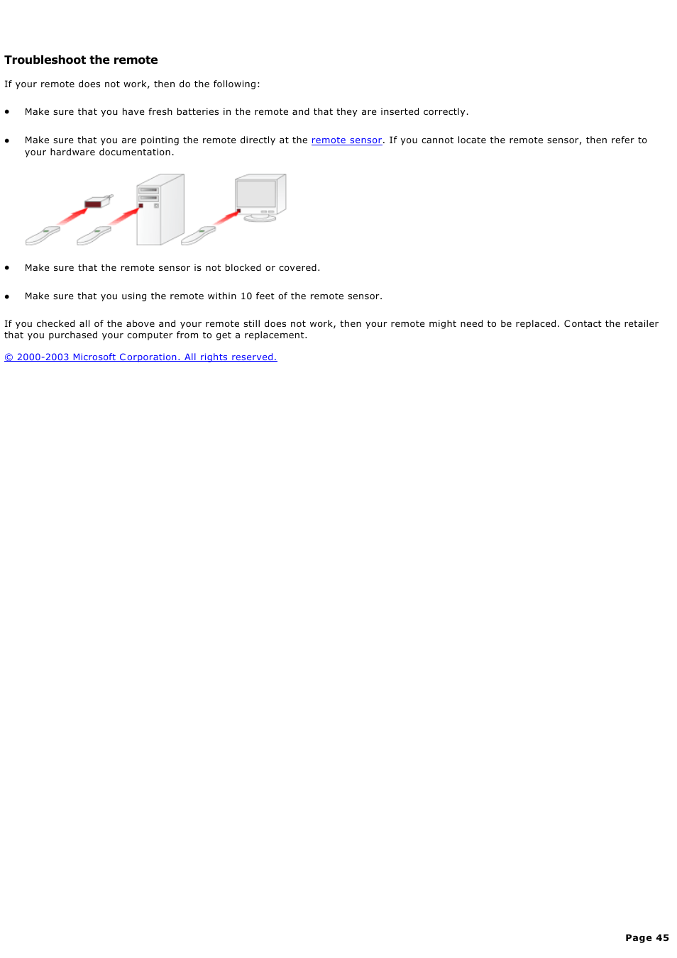 Troubleshoot the remote | Sony PCV-RZ49G User Manual | Page 45 / 459