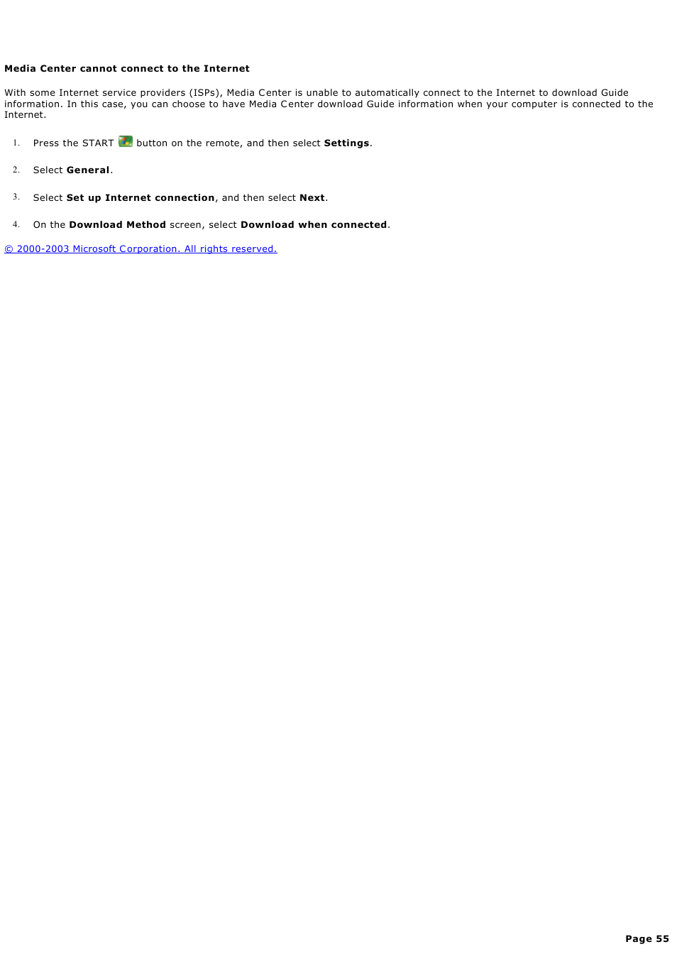 Media center cannot connect to the internet, Media c enter cannot connect to the internet | Sony PCV-RZ49G User Manual | Page 55 / 459