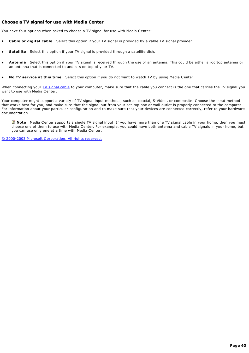 Choose a tv signal for use with media center | Sony PCV-RZ49G User Manual | Page 63 / 459