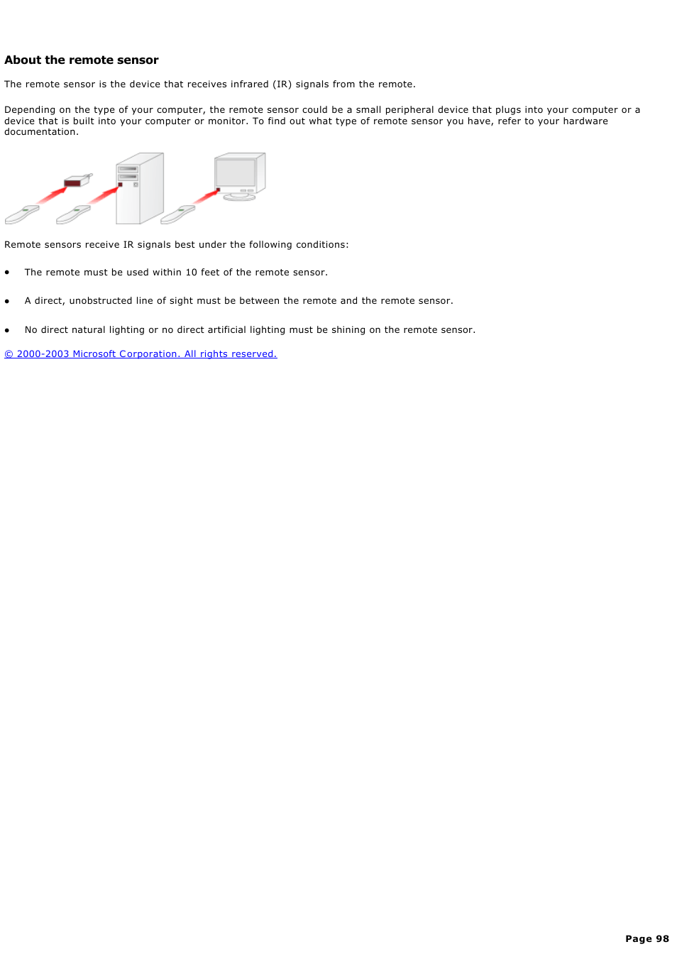 About the remote sensor | Sony PCV-RZ49G User Manual | Page 98 / 459