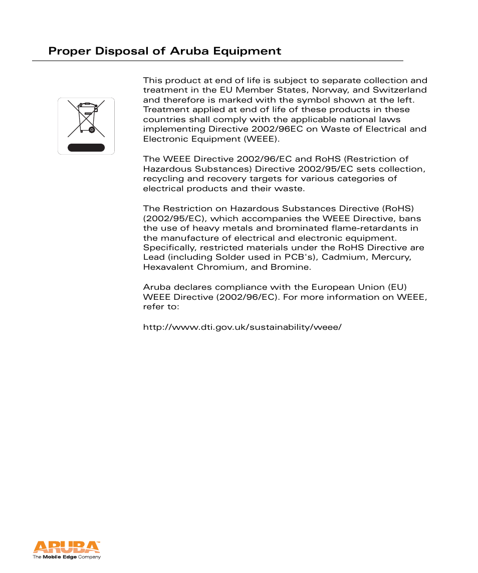 Proper disposal of aruba equipment | Aruba Networks Access Point Aruba AP 60/61 User Manual | Page 65 / 68