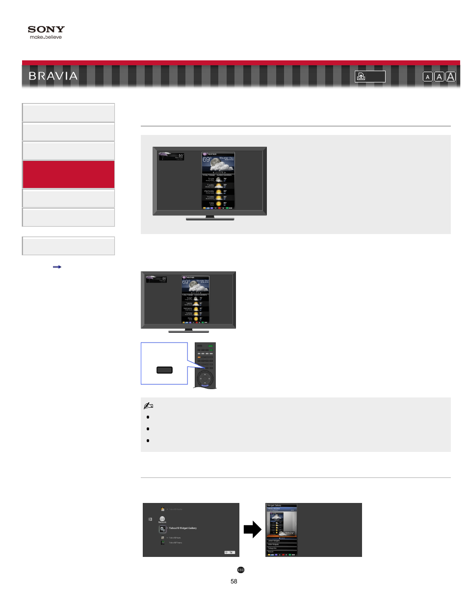 Bravia” internet widgets | Sony KDL-40NX700 User Manual | Page 58 / 144