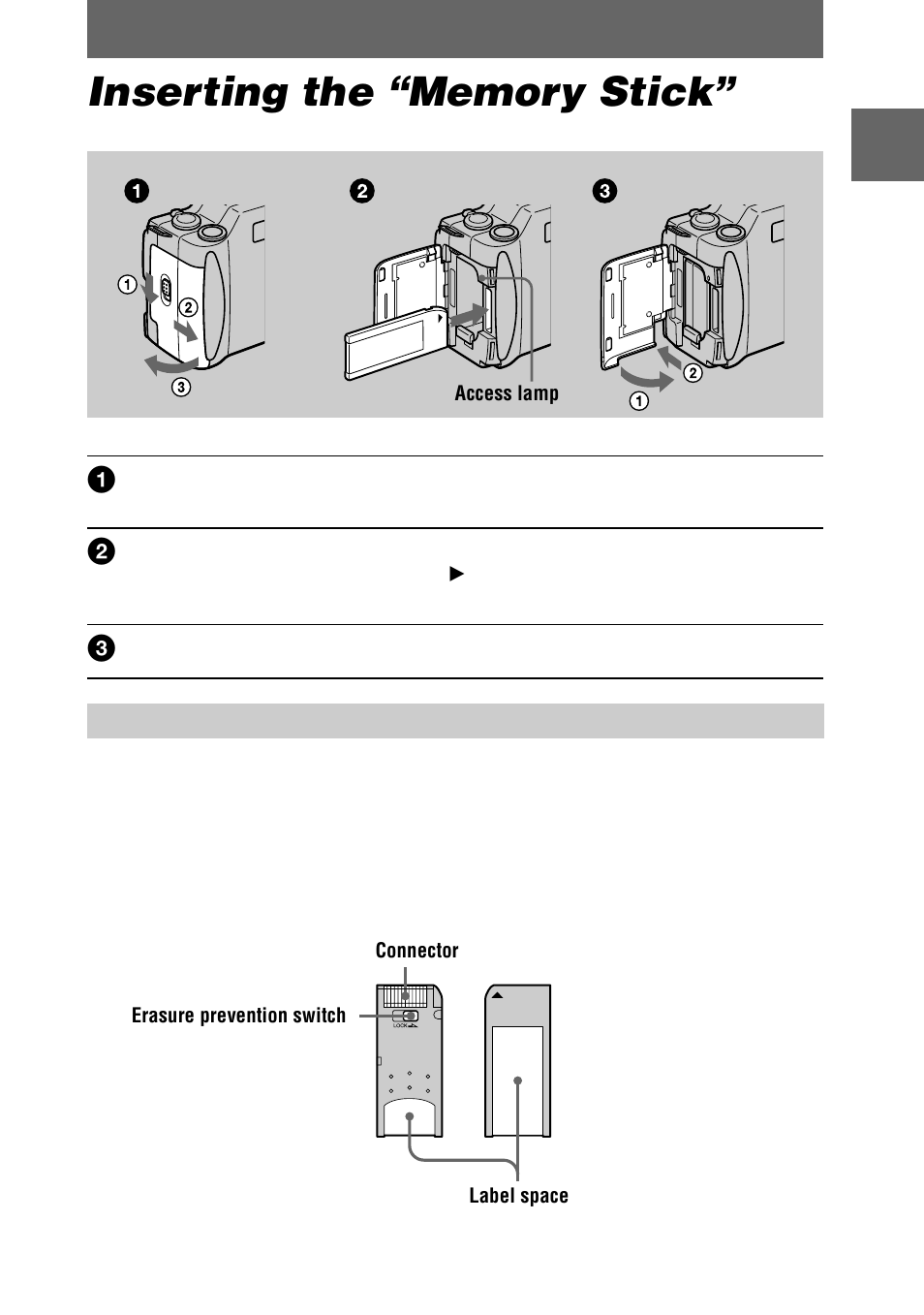 Inserting the “memory stick, Removing the “memory stick | Sony DSC-S70 User Manual | Page 15 / 68