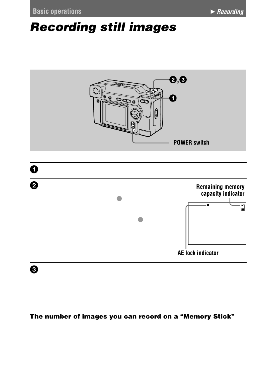 Basic operations, Recording still images | Sony DSC-S70 User Manual | Page 16 / 68