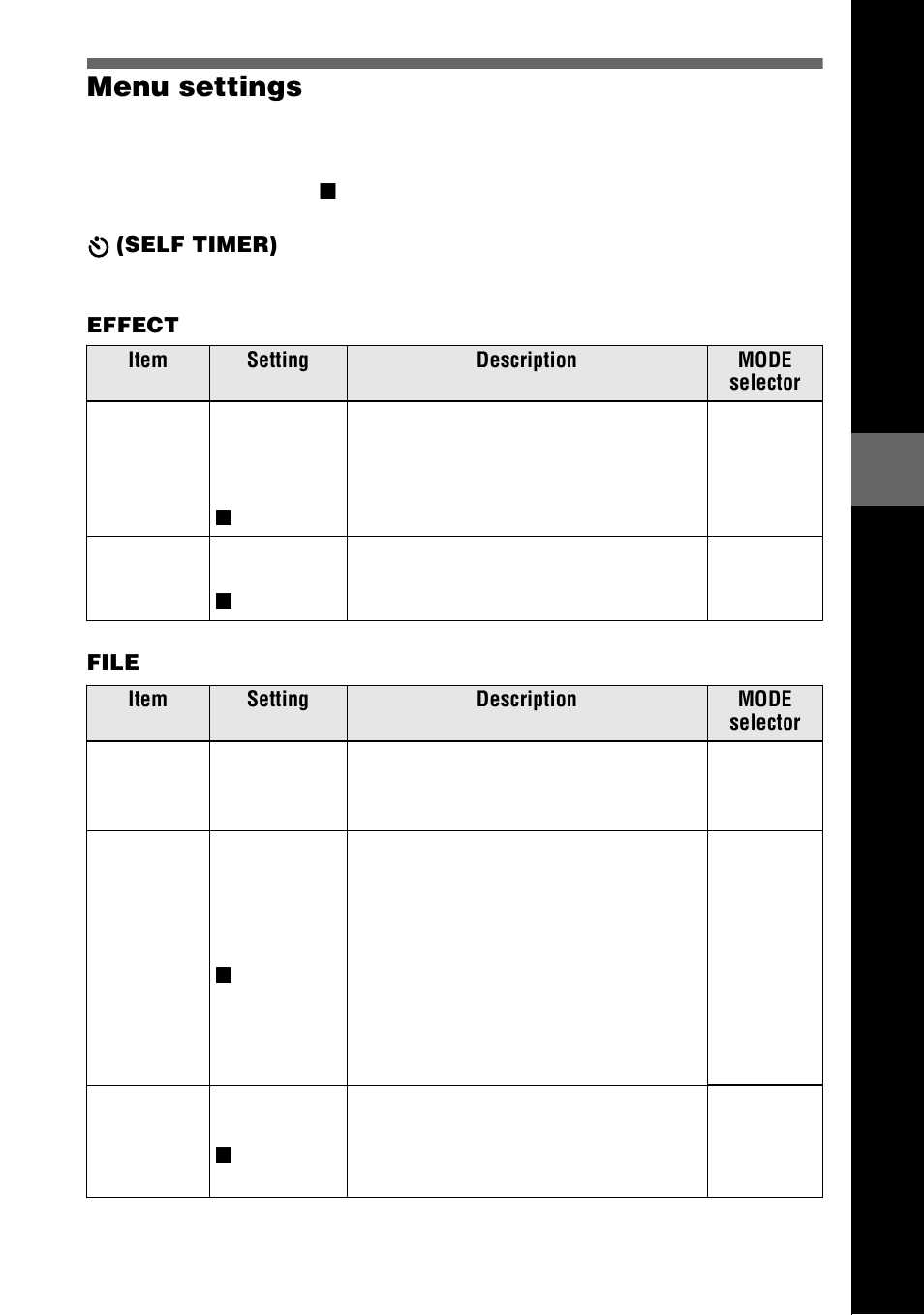 Menu settings, Self timer), Effect | File, 33 menu settings | Sony DSC-S70 User Manual | Page 33 / 68