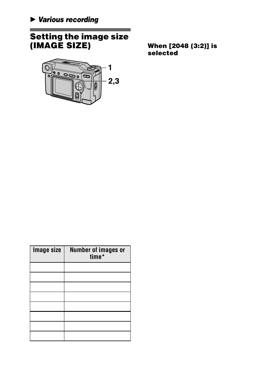 Setting the image size (image size), When [2048 (3:2)] is selected, Setting the image size | Image size) | Sony DSC-S70 User Manual | Page 38 / 68