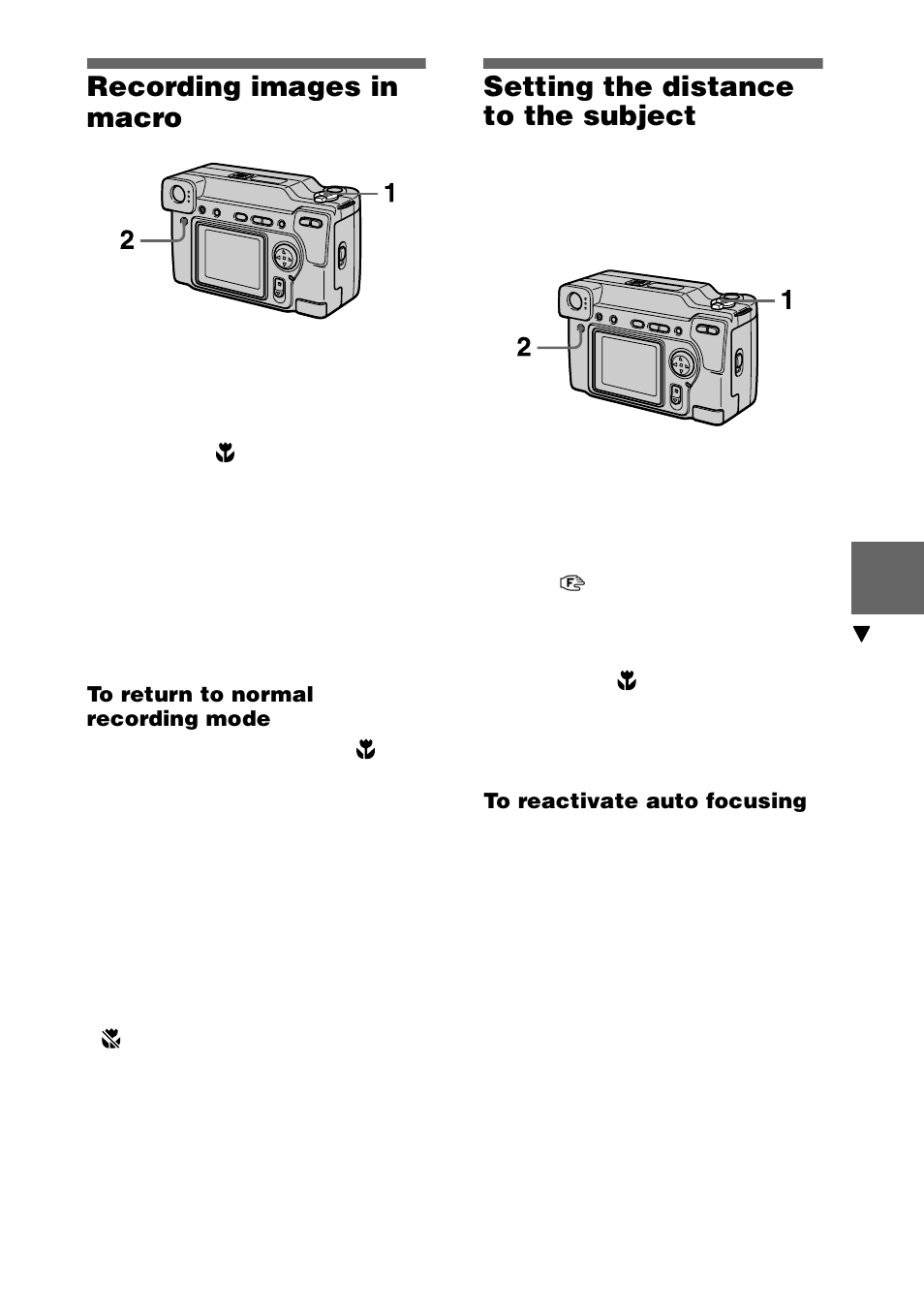 Recording images in macro, To return to normal recording mode, Setting the distance to the subject | To reactivate auto focusing, On (41), 41 recording images in macro | Sony DSC-S70 User Manual | Page 41 / 68
