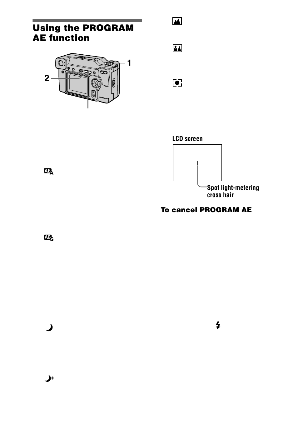 Using the program ae function, To cancel program ae, 42 using the program ae function | Sony DSC-S70 User Manual | Page 42 / 68