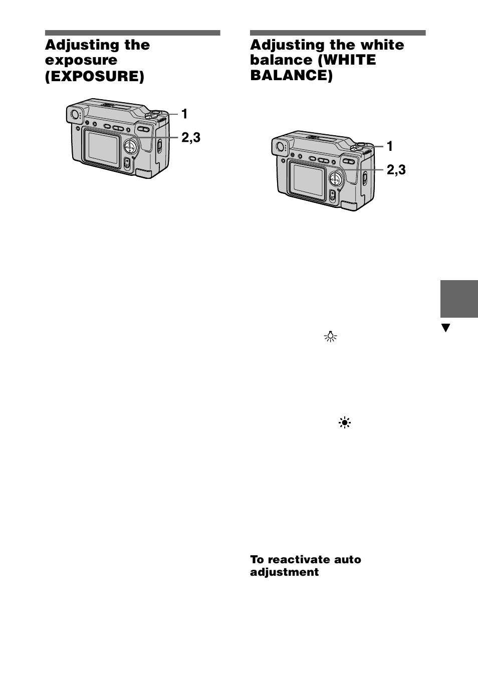 Adjusting the exposure (exposure), Adjusting the white balance (white balance), To reactivate auto adjustment | Adjusting the exposure, Exposure), Adjusting the white balance, White balance), 43 adjusting the exposure (exposure) | Sony DSC-S70 User Manual | Page 43 / 68