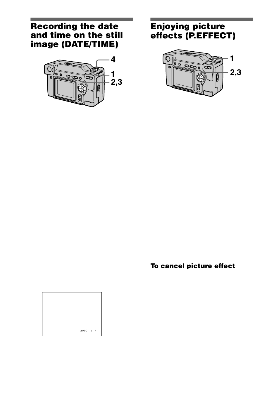 Enjoying picture effects (p.effect), To cancel picture effect, Recording the date and time on the still | Image (date/time), Enjoying picture effects, P.effect) | Sony DSC-S70 User Manual | Page 44 / 68