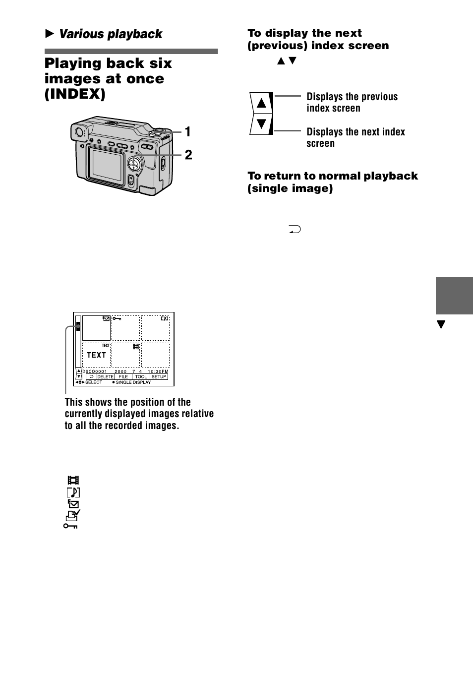 Playing back six images at once (index), To display the next (previous) index screen, To return to normal playback (single image) | B various playb, Playing back six images at once, Index) | Sony DSC-S70 User Manual | Page 45 / 68