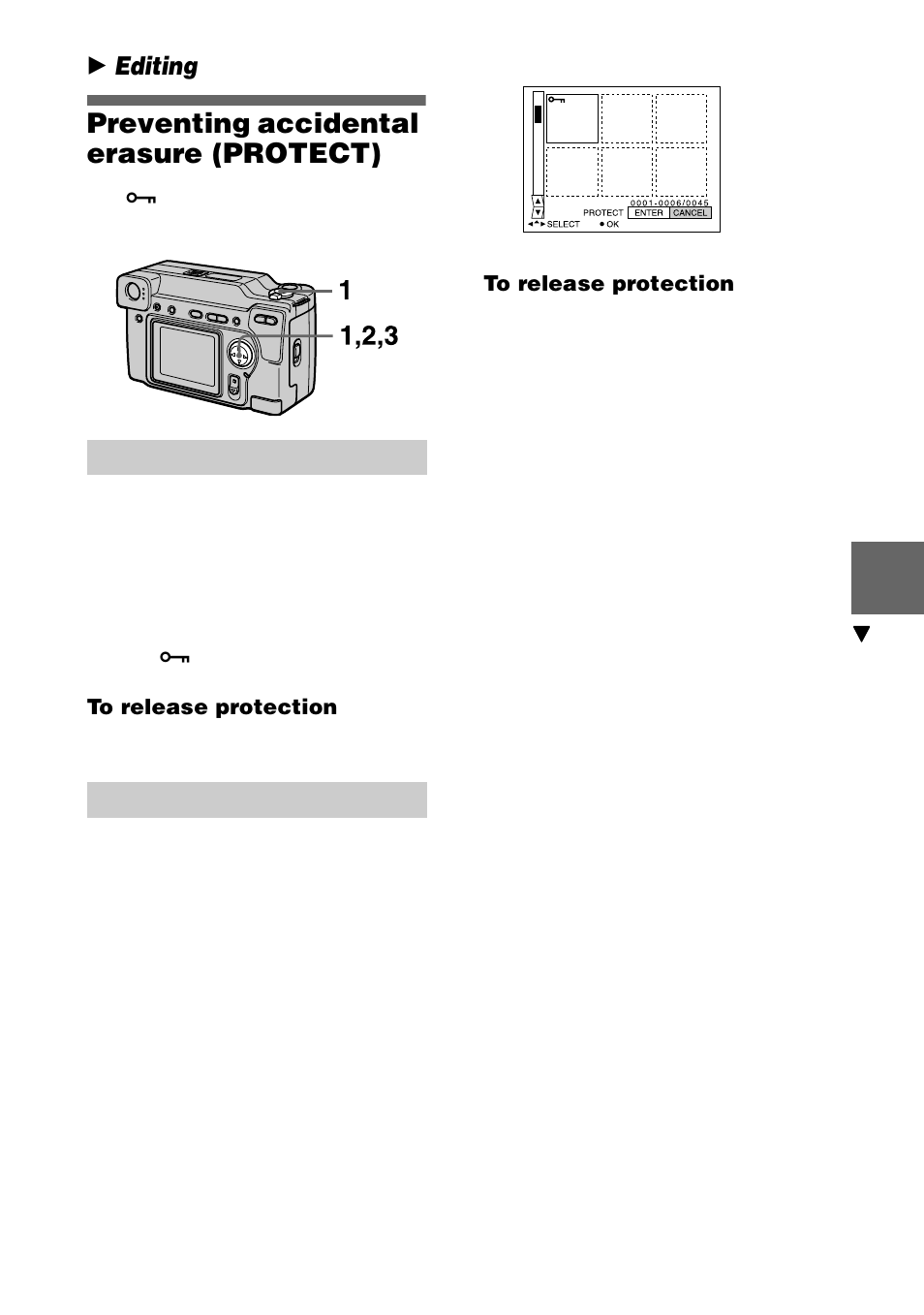 Preventing accidental erasure (protect), In single mode, To release protection | In index mode, B editing, Preventing accidental erasure, Protect) | Sony DSC-S70 User Manual | Page 49 / 68