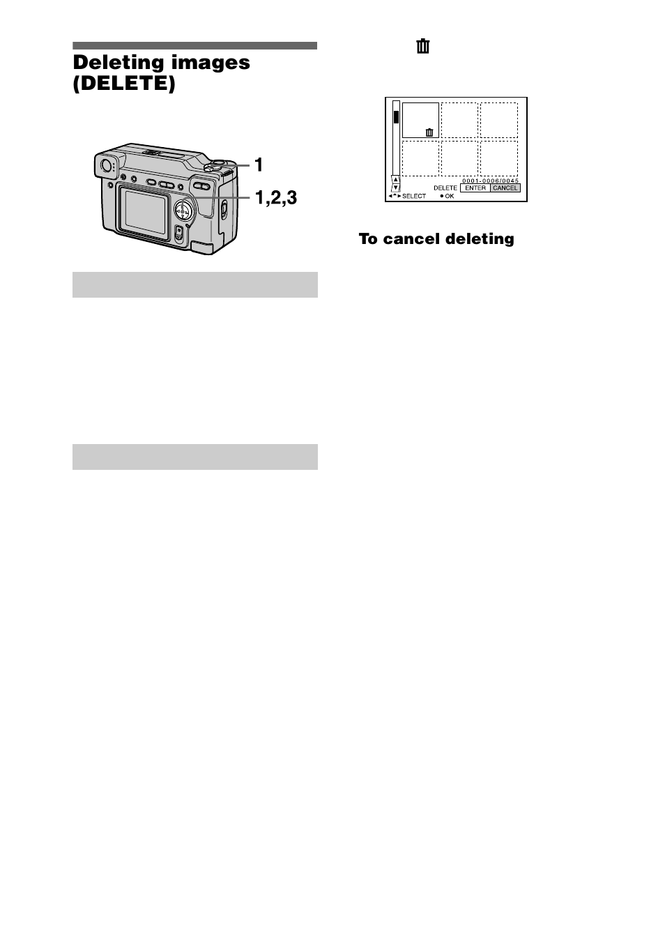 Deleting images (delete), In single mode, In index mode | To cancel deleting, 50 deleting images (delete) | Sony DSC-S70 User Manual | Page 50 / 68