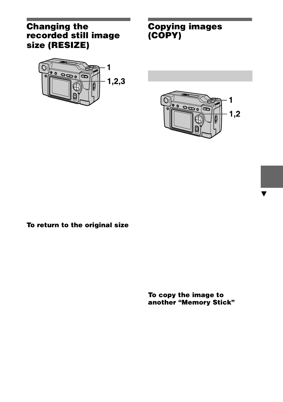 Changing the recorded still image size (resize), To return to the original size, Copying images (copy) | In single mode, To copy the image to another “memory stick, Changing the recorded still image size, Resize), 51 changing the recorded still image size (resize) | Sony DSC-S70 User Manual | Page 51 / 68