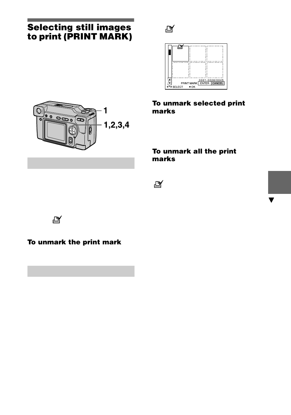 Selecting still images to print (print mark), In single mode, To unmark the print mark | In index mode, To unmark selected print marks, To unmark all the print marks, Selecting still images to print, Print mark), 53 selecting still images to print (print mark) | Sony DSC-S70 User Manual | Page 53 / 68