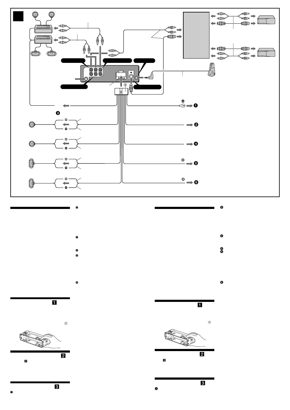 Precauciones, Lista de componentes ( 1 ), Ejemplo de conexiones ( 2 ) | Diagramas de conexión ( 3 ), Précautions, Liste des composants ( 1 ), Exemple de raccordement ( 2 ), Schémas de connexion ( 3 ) | Sony CDX-MP30 User Manual | Page 2 / 4