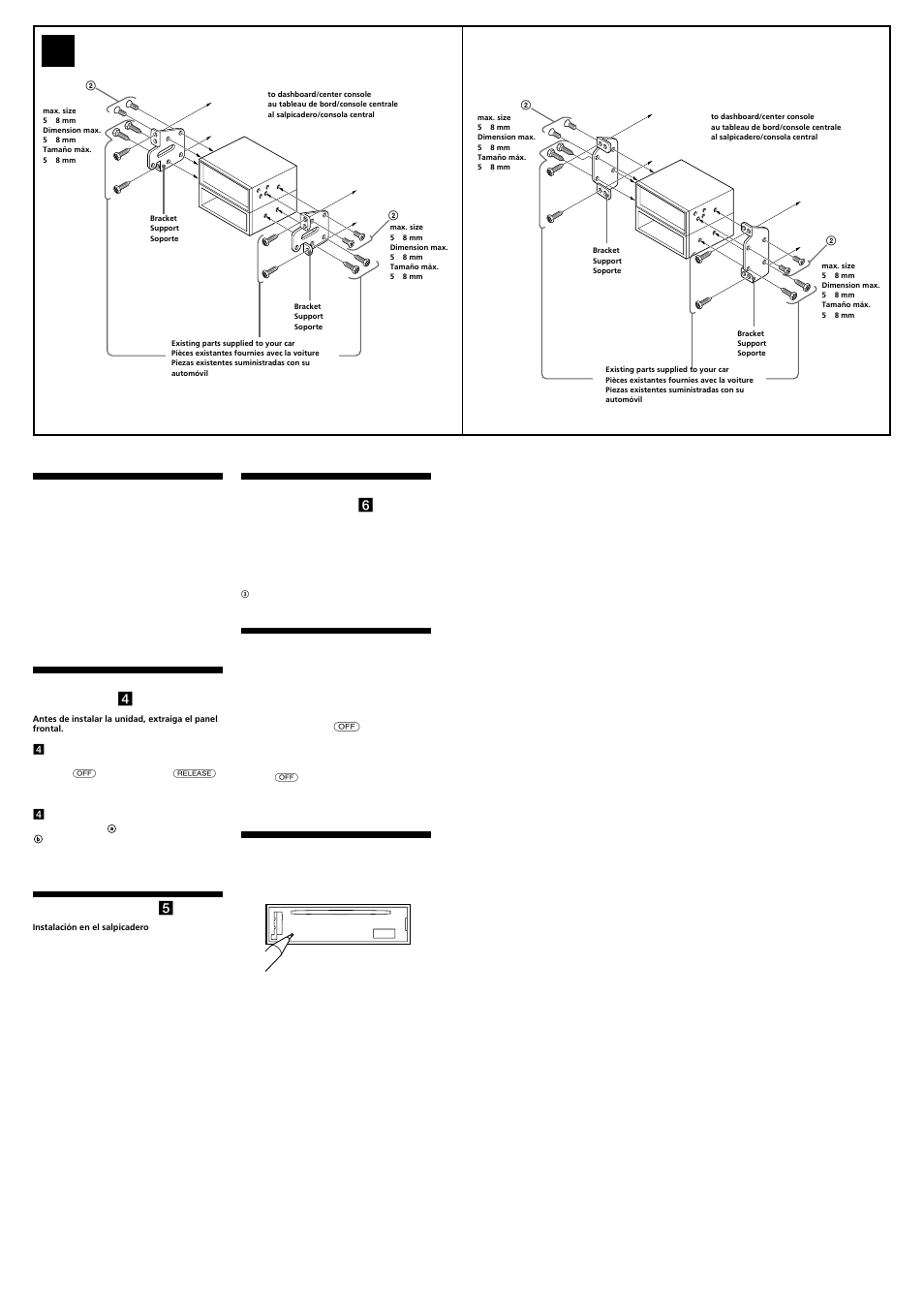 6a b, Montaje de la unidad en un automóvil japonés ( 6 ), Botón reset | Precauciones, Forma de extraer e instalar el panel frontal ( 4 ), Ejemplo de montaje ( 5 ) | Sony CDX-MP30 User Manual | Page 4 / 4