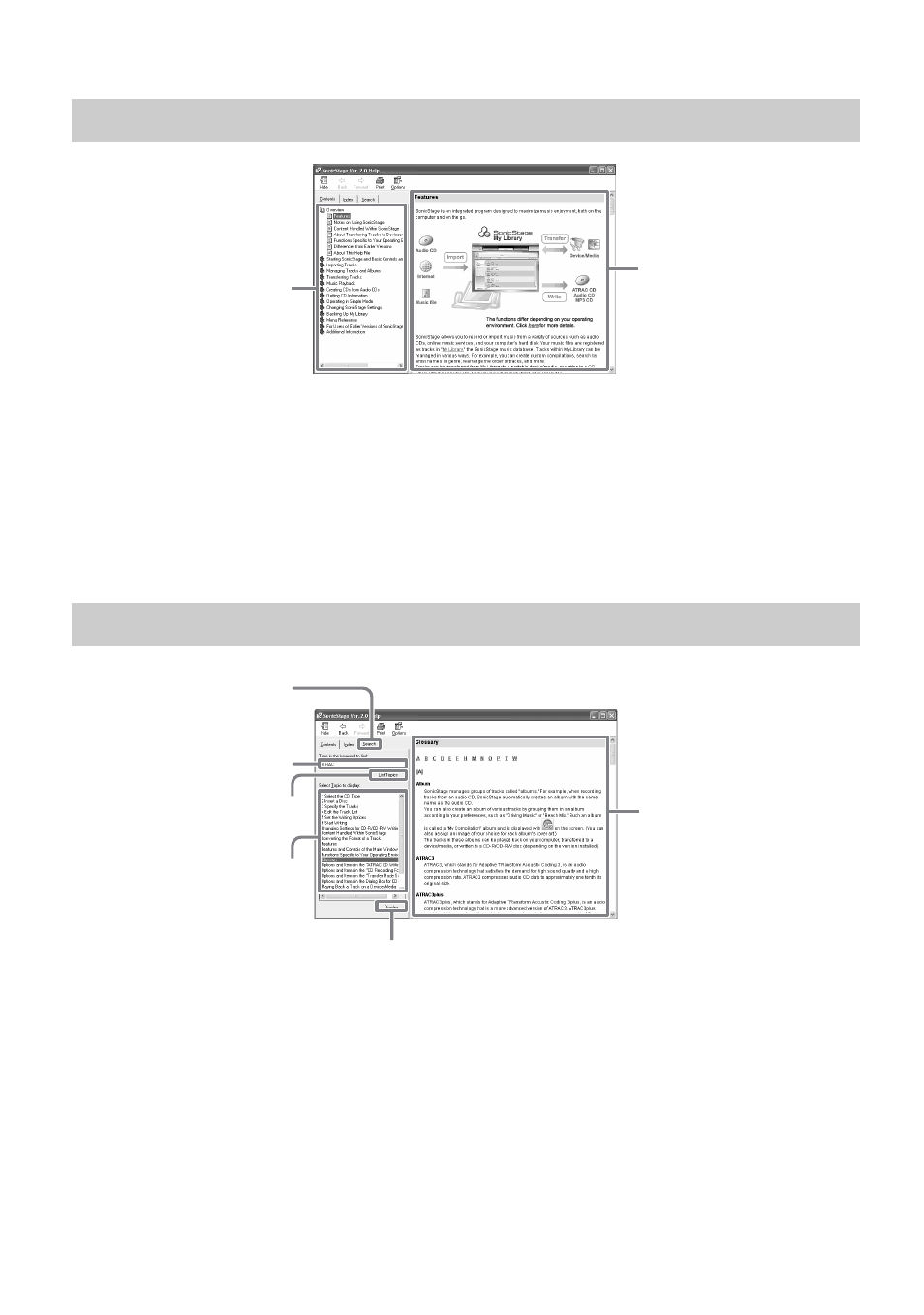 Understanding sonicstage help, Searching for a word inside an explanation | Sony MZ-NHF800 User Manual | Page 16 / 24