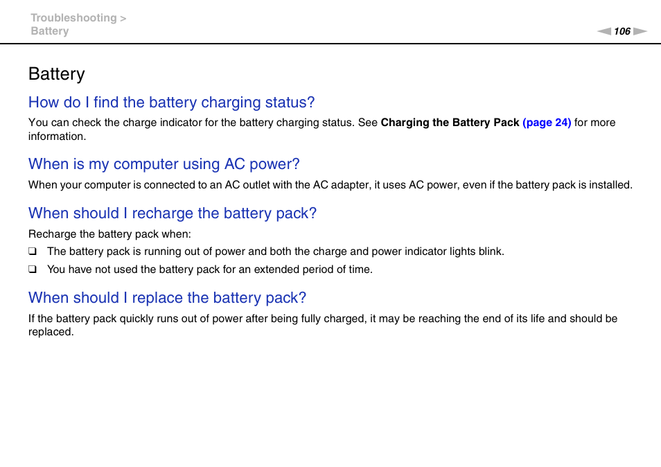 Battery, How do i find the battery charging status, When is my computer using ac power | When should i recharge the battery pack, When should i replace the battery pack | Sony VPCX111KX User Manual | Page 106 / 132