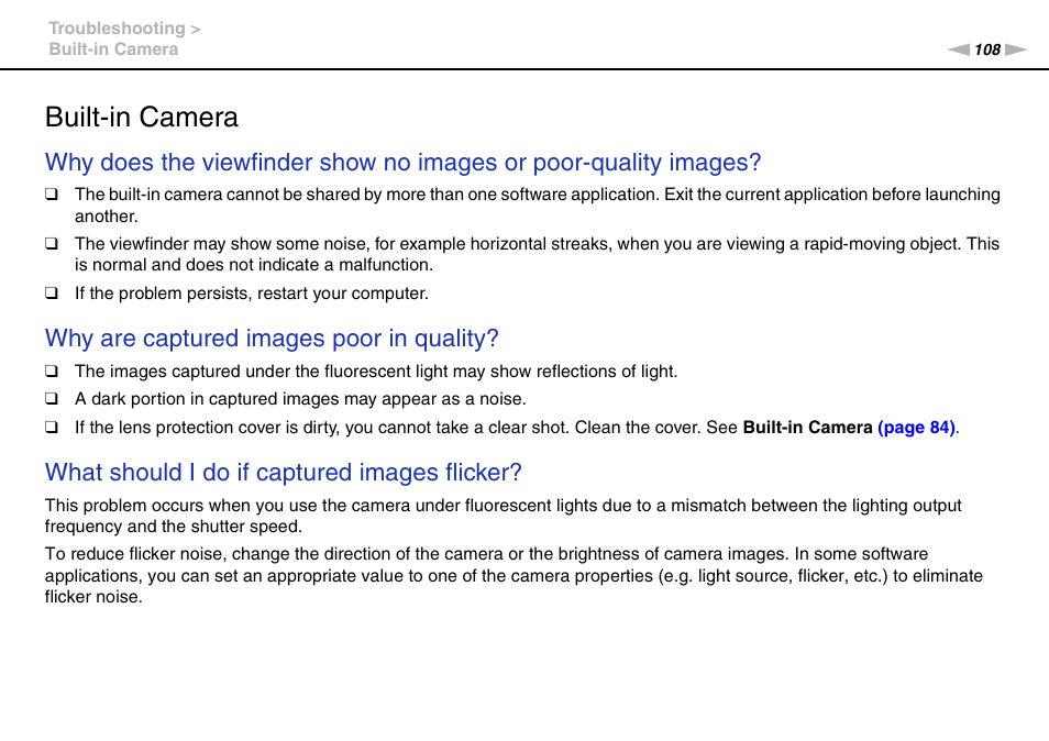 Built-in camera, Why are captured images poor in quality, What should i do if captured images flicker | Sony VPCX111KX User Manual | Page 108 / 132