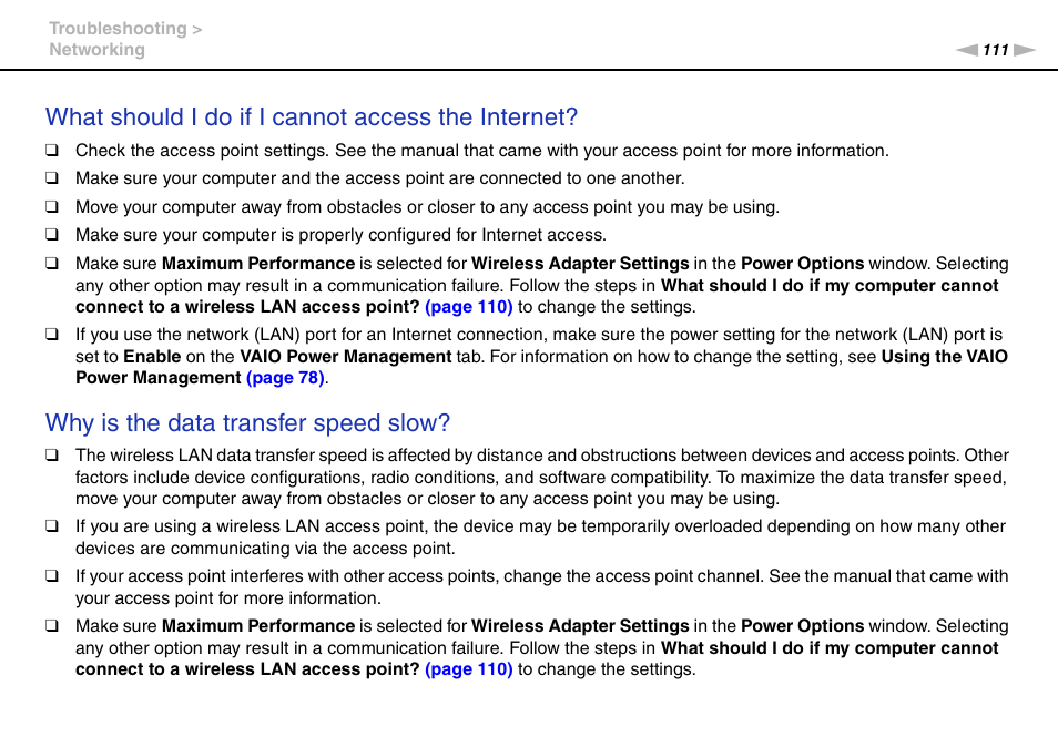 What should i do if i cannot access the internet, Why is the data transfer speed slow | Sony VPCX111KX User Manual | Page 111 / 132