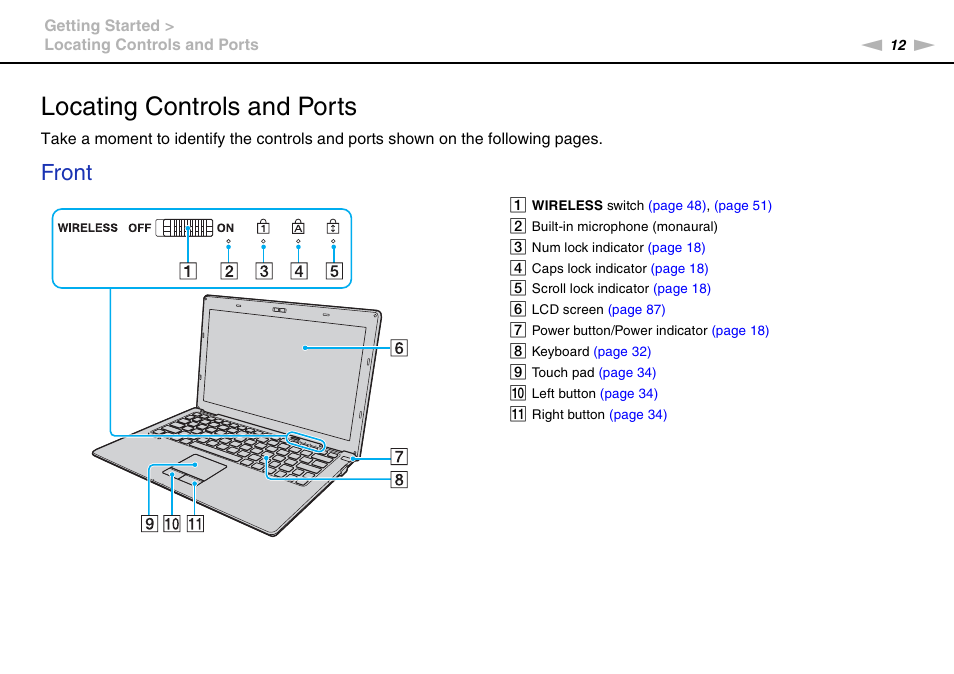 Locating controls and ports, Front | Sony VPCX111KX User Manual | Page 12 / 132