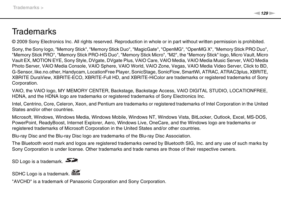 Trademarks | Sony VPCX111KX User Manual | Page 129 / 132