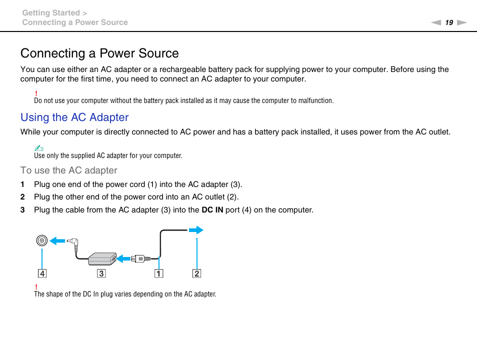 Connecting a power source, Using the ac adapter | Sony VPCX111KX User Manual | Page 19 / 132