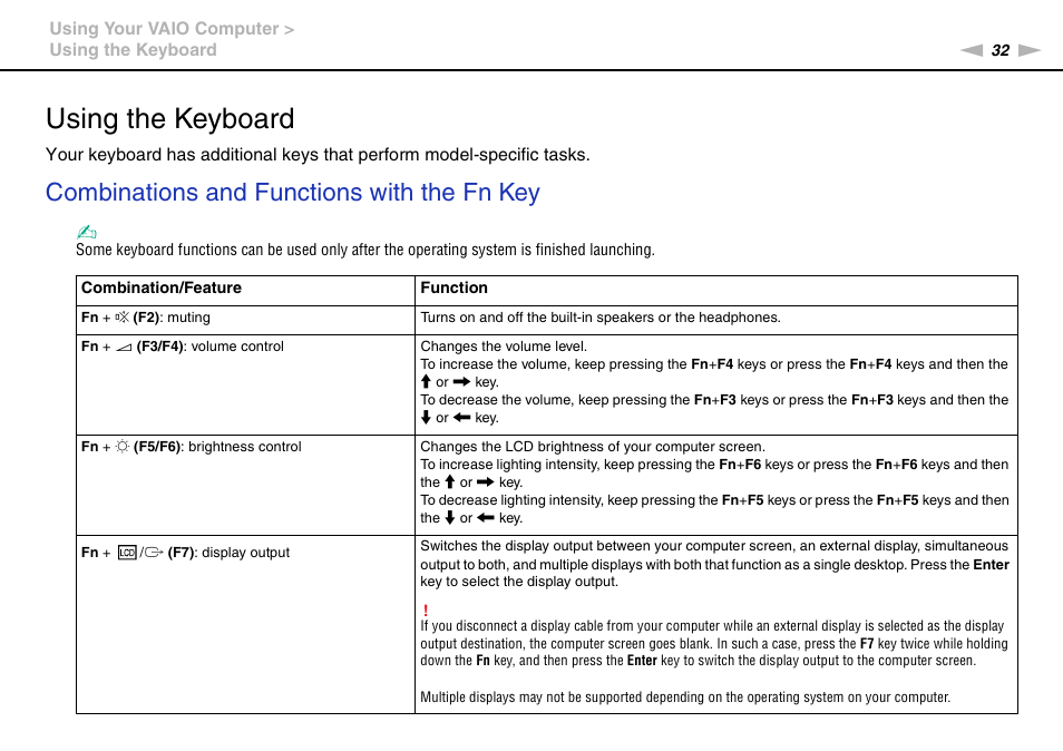 Using the keyboard, Combinations and functions with the fn key | Sony VPCX111KX User Manual | Page 32 / 132