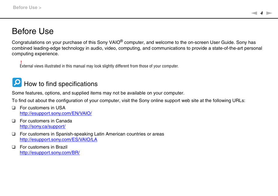 Before use, How to find specifications | Sony VPCX111KX User Manual | Page 4 / 132
