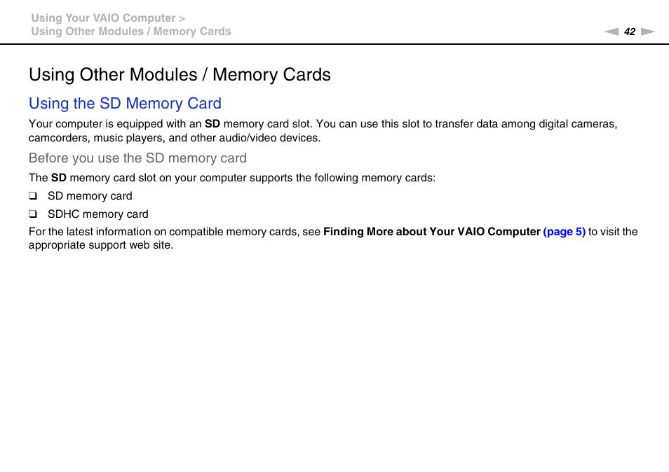 Using other modules / memory cards | Sony VPCX111KX User Manual | Page 42 / 132